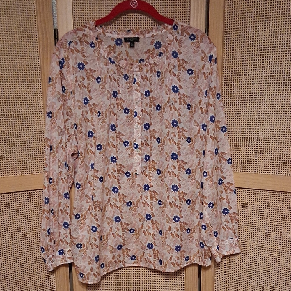Talbots Pintuck Voile Top Cream & Blue floral pattern 100% Cotton Petite